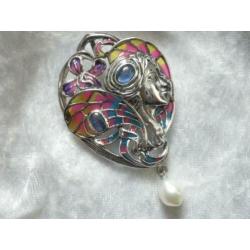 Prachtige Zilveren Tiffany Jugendstil Hanger / Broche - Blau