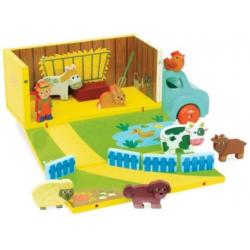 Houten speelgoed vrachtwagen en boerderij in 1 VILAC = NIEUW