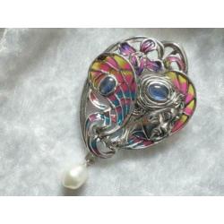Prachtige Zilveren Tiffany Jugendstil Hanger / Broche - Blau