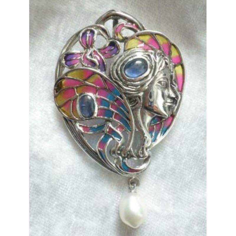 Prachtige Zilveren Tiffany Jugendstil Hanger / Broche - Blau