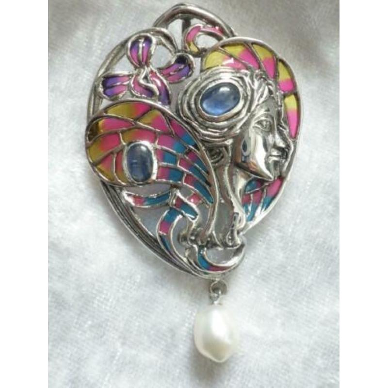 Prachtige Zilveren Tiffany Jugendstil Hanger / Broche - Blau