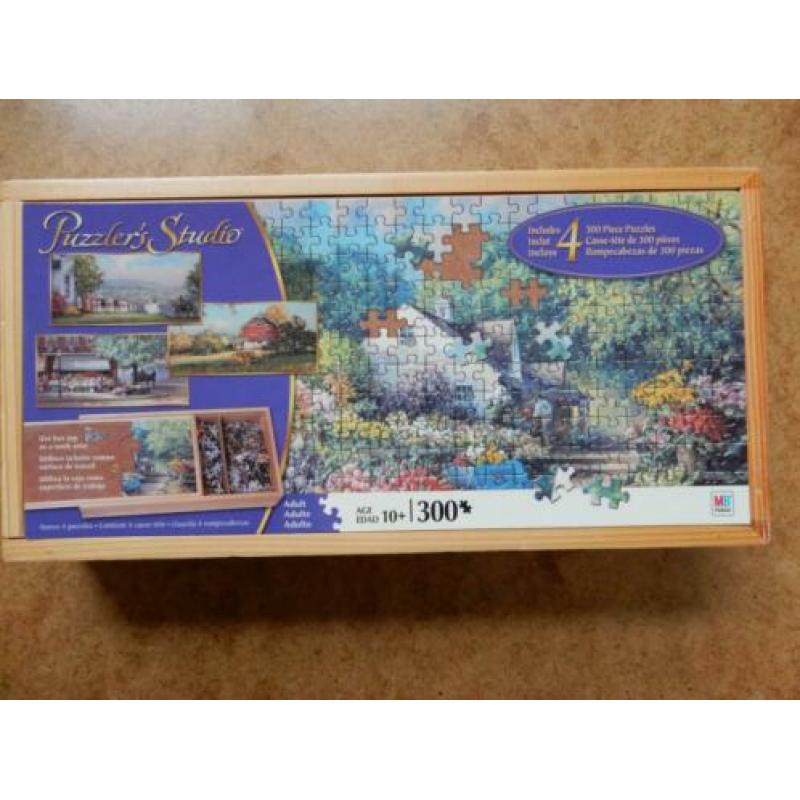 Kistje met 4 puzzeltjes van 300 kleinere stiukjes.