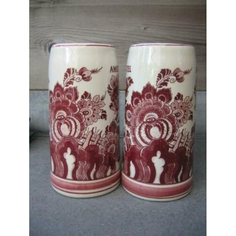 Twee Amstel bierpullen Delfts rood / handwerk