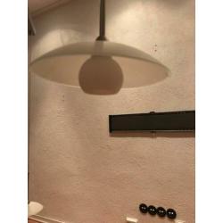 Dimbaar halogeen eettafel hanglamp RVS en 4 melkglas lampen