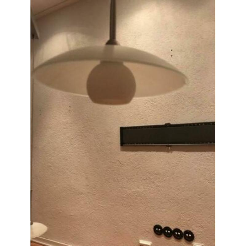 Dimbaar halogeen eettafel hanglamp RVS en 4 melkglas lampen