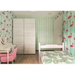 bed, eenpersoons, roze/wit met opbergladen