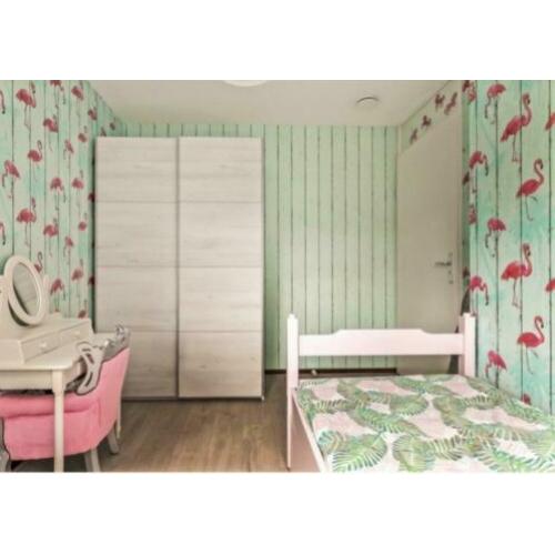 bed, eenpersoons, roze/wit met opbergladen