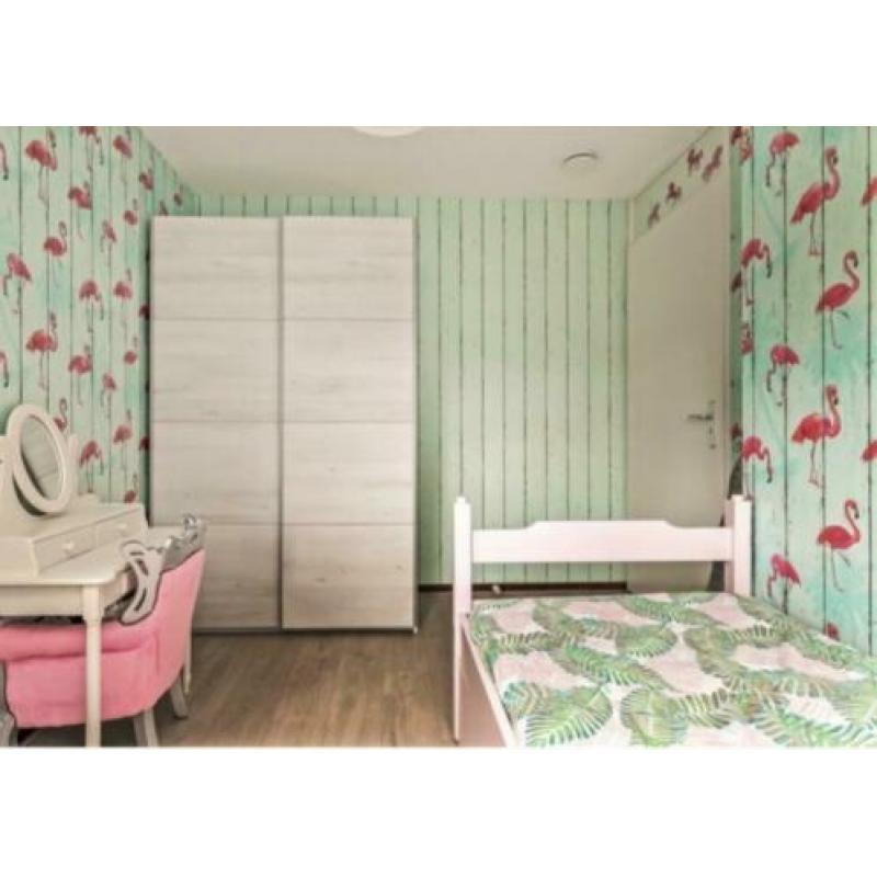 bed, eenpersoons, roze/wit met opbergladen
