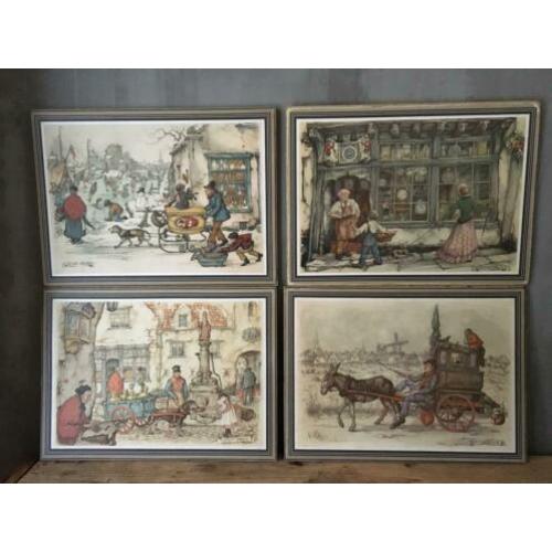 4 oude Nostalgie prenten op hout Anton Pieck