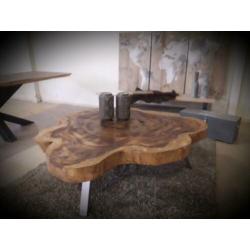 Suar BOOMSTAM schijf salontafel. Rond of grillig. NIEUW