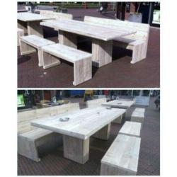 Steigerhout TUINTAFELS op maat, met dubbele kolompoot