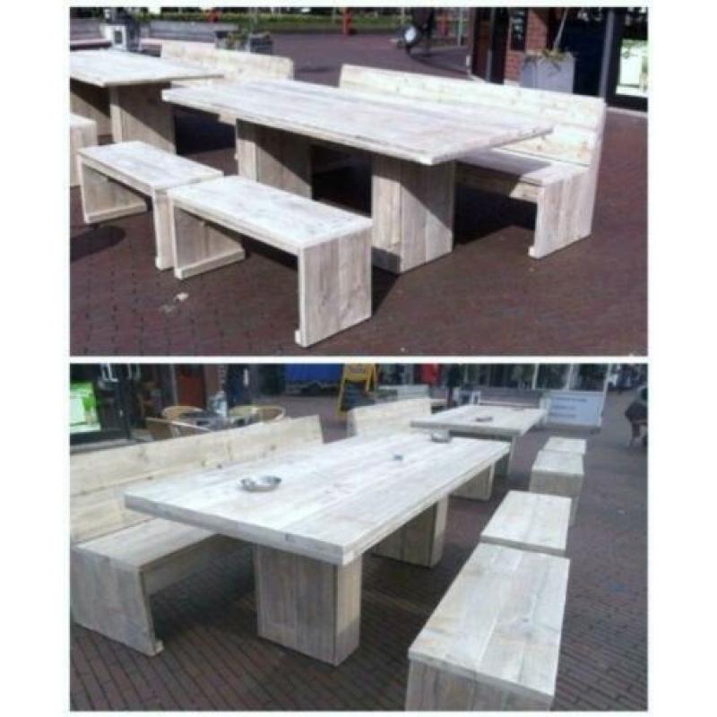Steigerhout TUINTAFELS op maat, met dubbele kolompoot