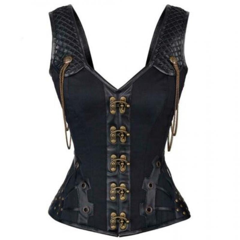 Zwart leren steampunk korset sexy bustier gothic kettingen
