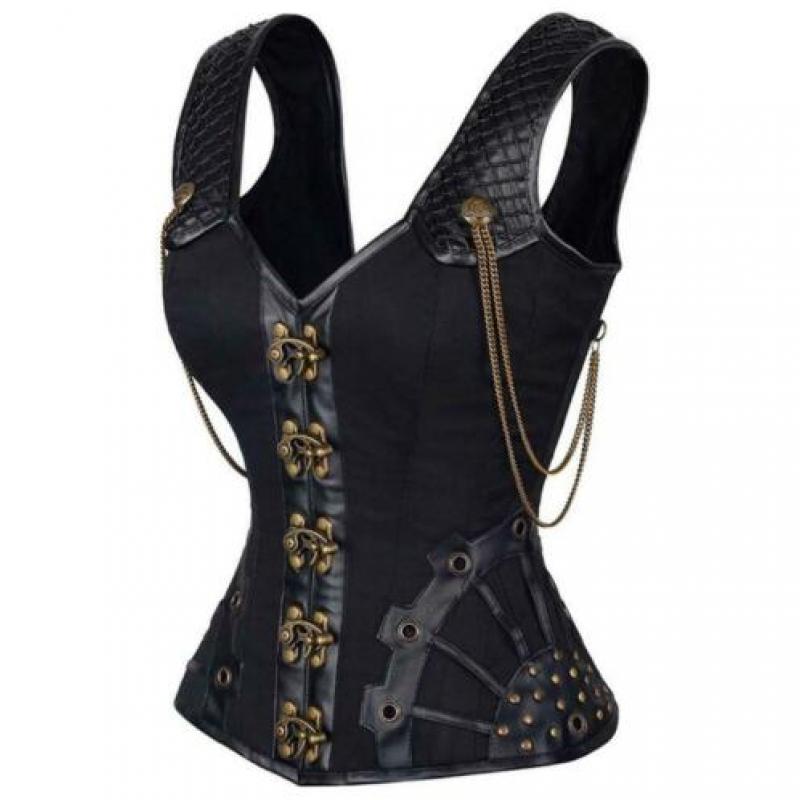 Zwart leren steampunk korset sexy bustier gothic kettingen