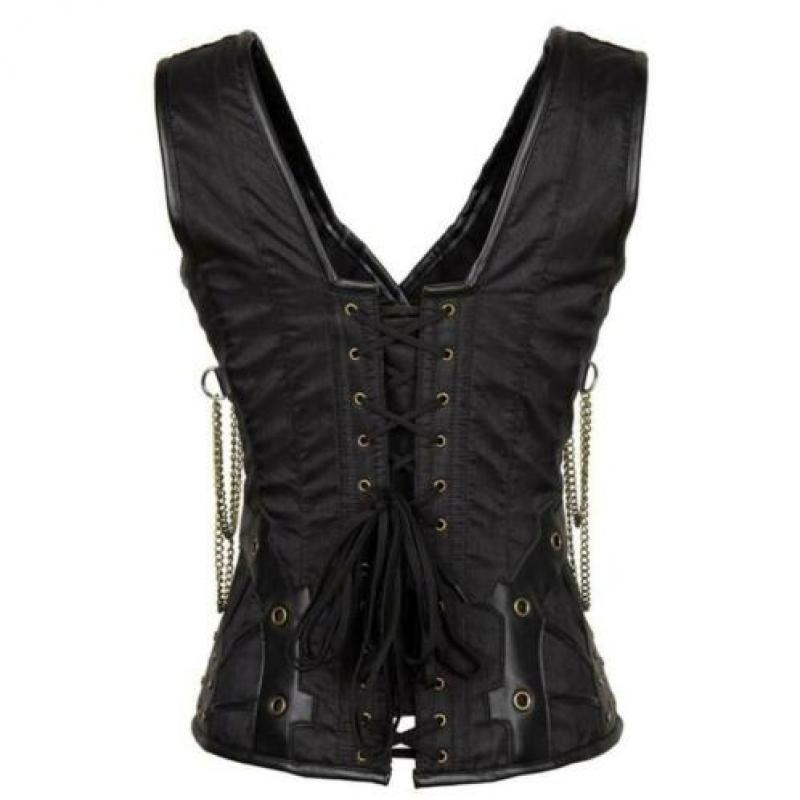 Zwart leren steampunk korset sexy bustier gothic kettingen