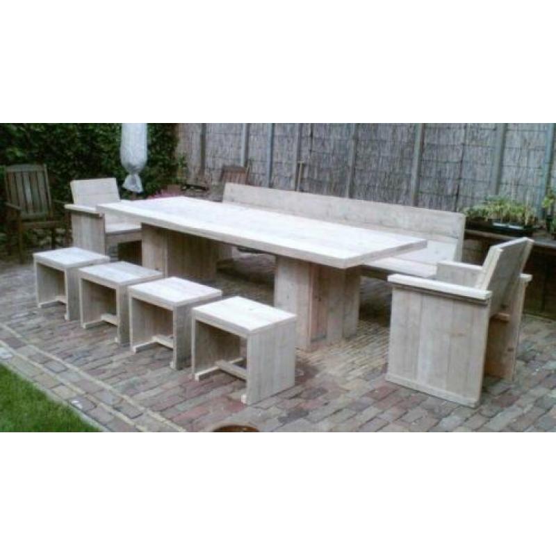 Steigerhout TUINTAFELS op maat, met dubbele kolompoot