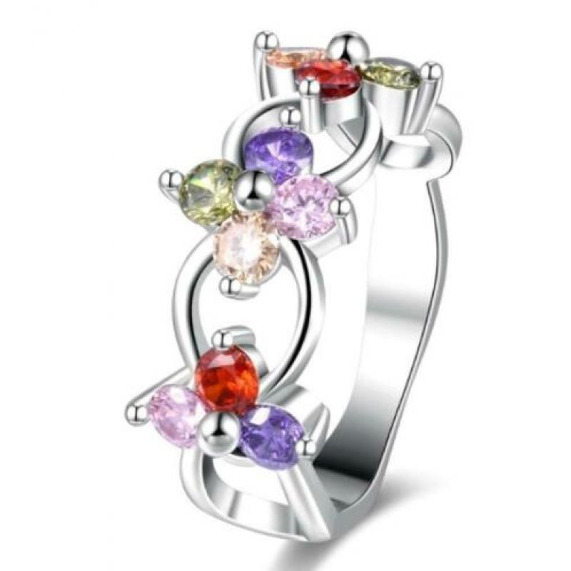 3 bloemen 925 zilveren ring met veelkleurige zirkonen