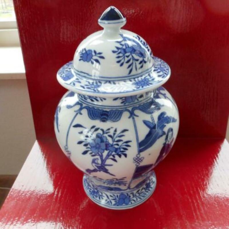 Dekselvaas blauw wit met chinese motieven