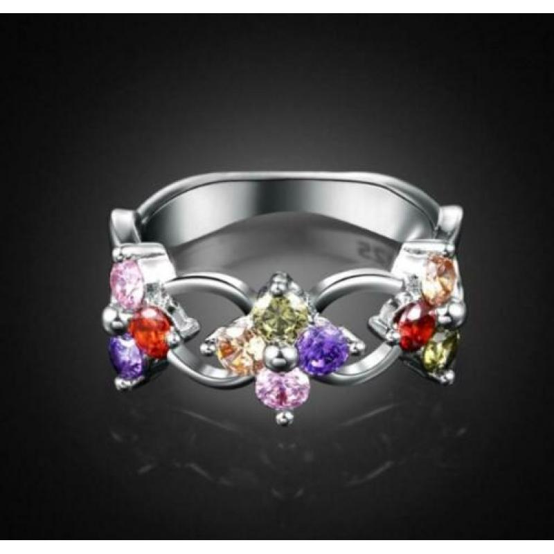 3 bloemen 925 zilveren ring met veelkleurige zirkonen