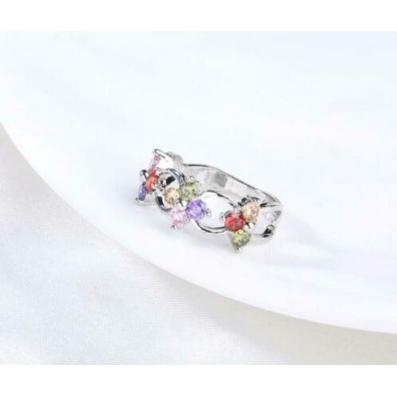 3 bloemen 925 zilveren ring met veelkleurige zirkonen