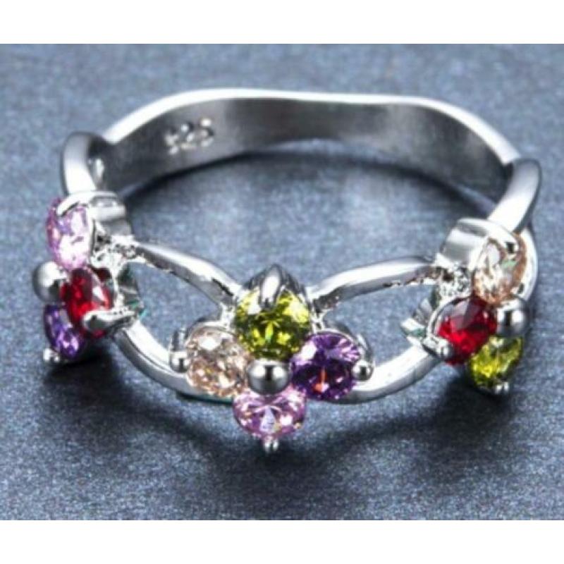 3 bloemen 925 zilveren ring met veelkleurige zirkonen