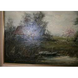 Olieverf schilderij op doek met landschap en bootje
