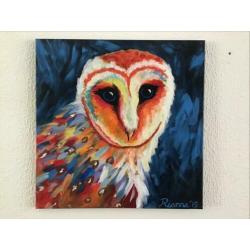 Schilderij genaamd ‘kleurige uil’,handgeschilderd, origineel