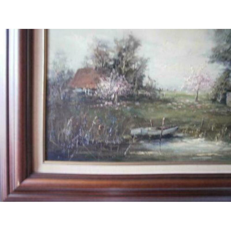 Olieverf schilderij op doek met landschap en bootje