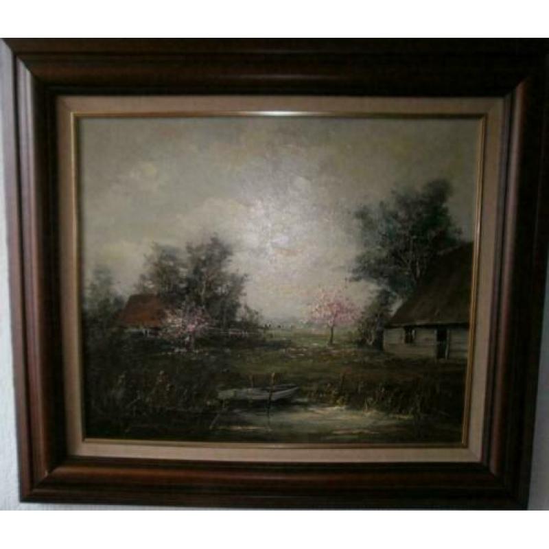 Olieverf schilderij op doek met landschap en bootje