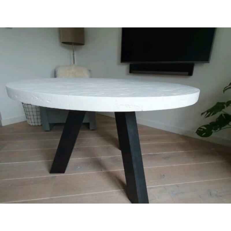 Robuste ronde eettafel 120 cm 5cm dik blad Wit zwart 6 pers