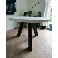 Robuste ronde eettafel 120 cm 5cm dik blad Wit zwart 6 pers