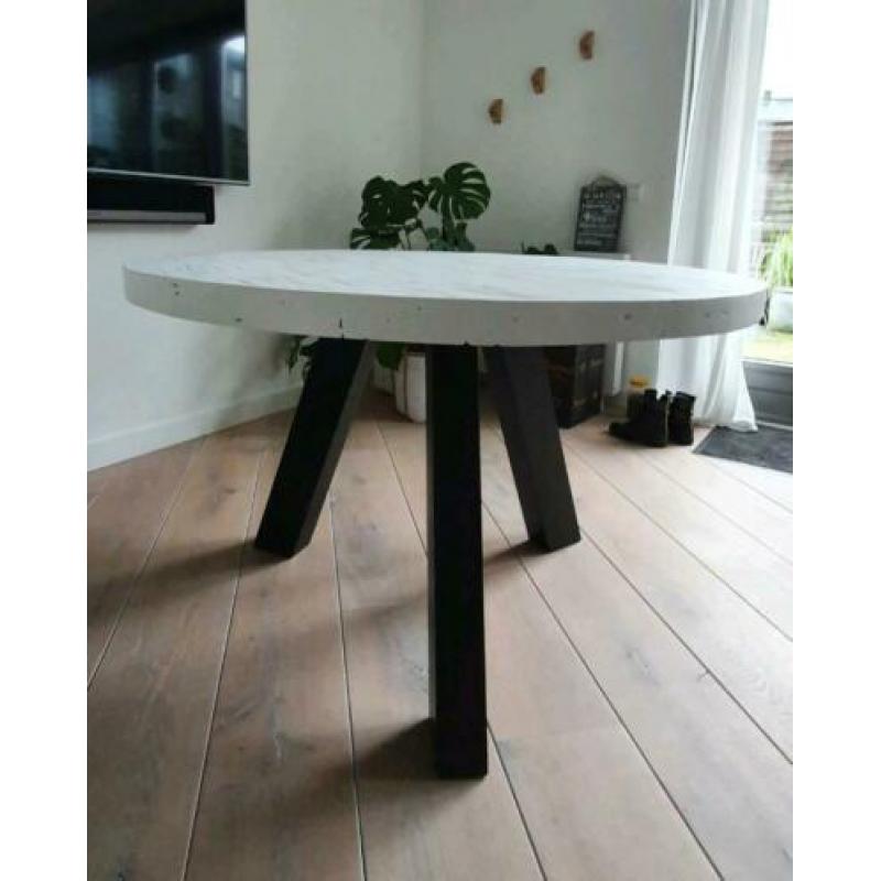 Robuste ronde eettafel 120 cm 5cm dik blad Wit zwart 6 pers
