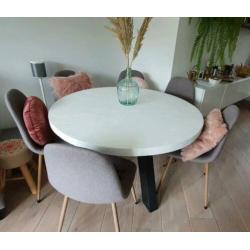 Robuste ronde eettafel 120 cm 5cm dik blad Wit zwart 6 pers