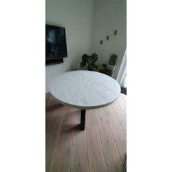 Robuste ronde eettafel 120 cm 5cm dik blad Wit zwart 6 pers