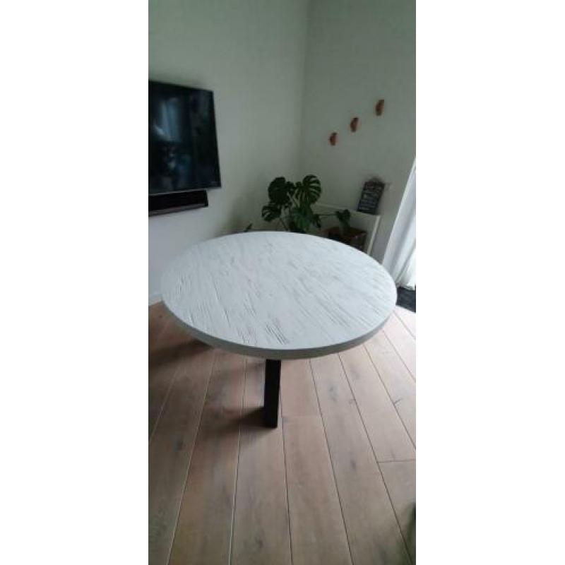 Robuste ronde eettafel 120 cm 5cm dik blad Wit zwart 6 pers