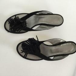 Yoli Petra Dieler 39 zwarte suede leren slippers franjes
