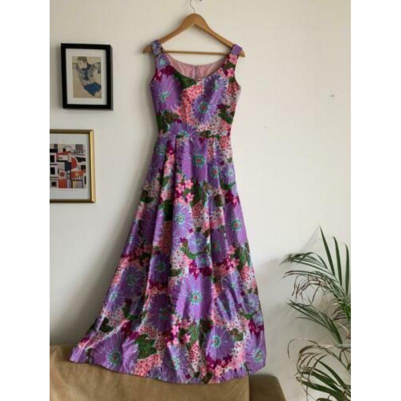 Vintage jurk bloemenprint Lila paars roze 36 lang zomer