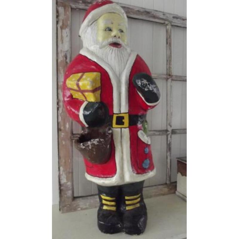 antieke papier mache kerstman met kerstboompje kerst