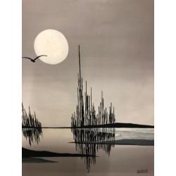 Groot Olieverf schilderij in zwart grijs en wit.