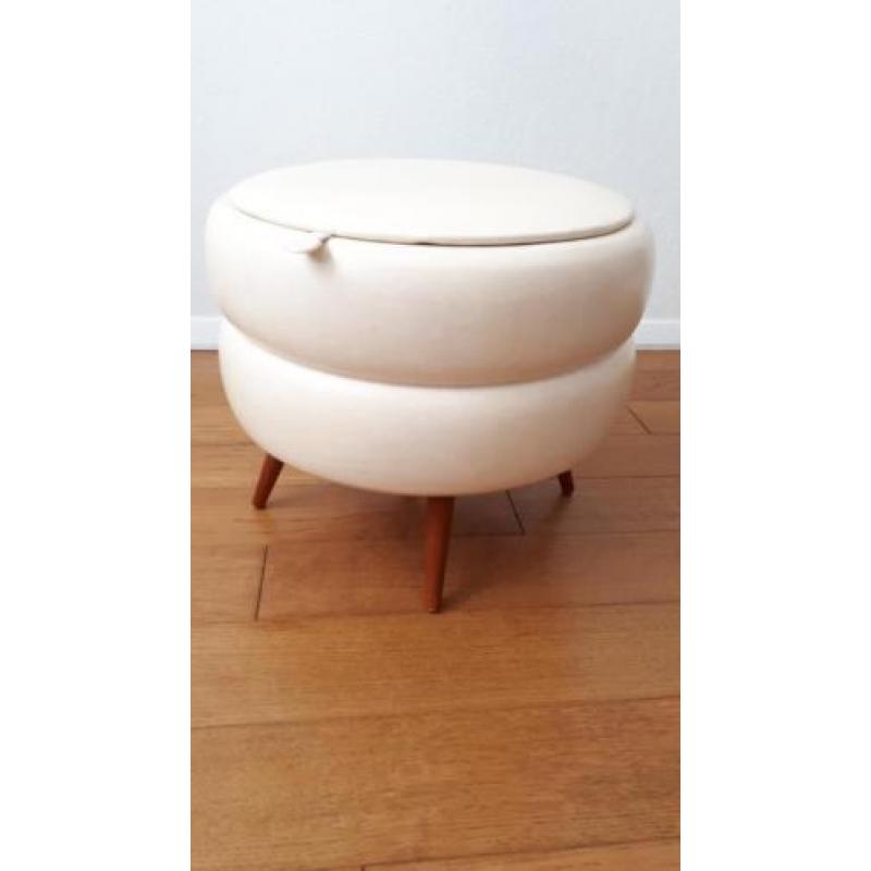 Vintage poef crème kunstleer H 39 D 45 cm