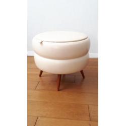 Vintage poef crème kunstleer H 39 D 45 cm