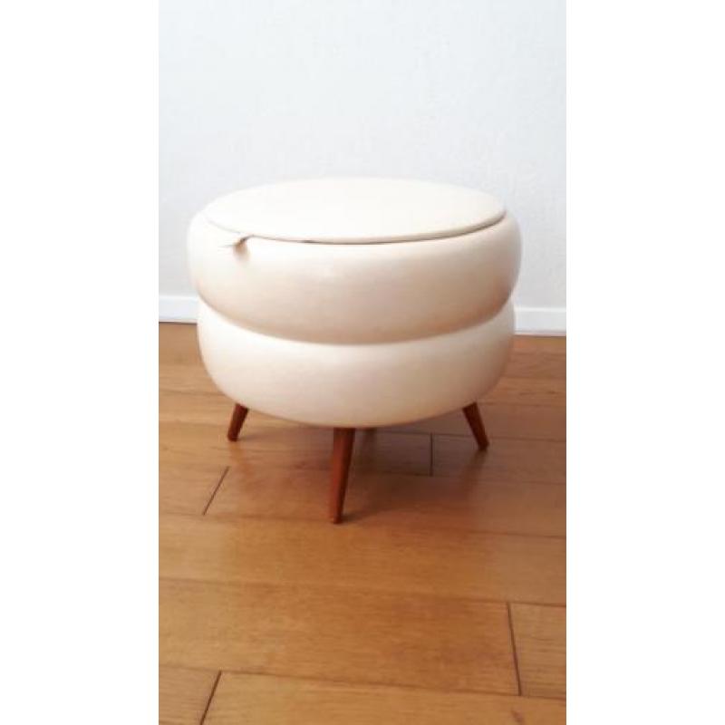 Vintage poef crème kunstleer H 39 D 45 cm