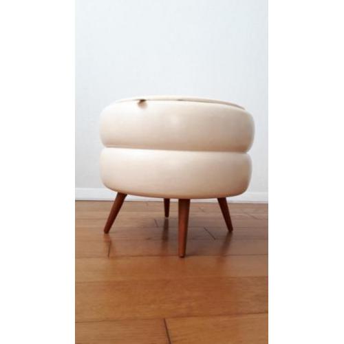 Vintage poef crème kunstleer H 39 D 45 cm